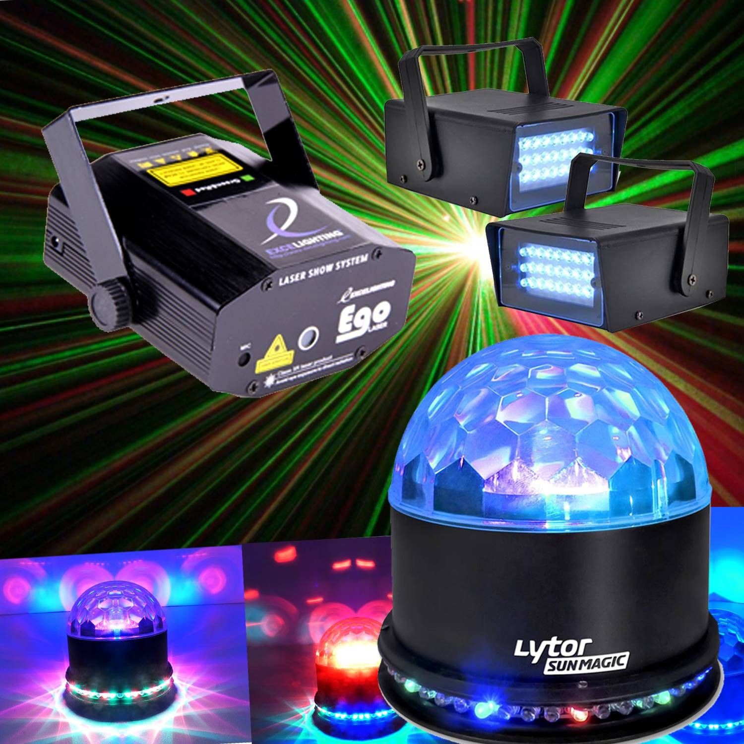 Lytor Fiesta Sunmagic + 2 LED Strobe + Laser Ego Light Show System