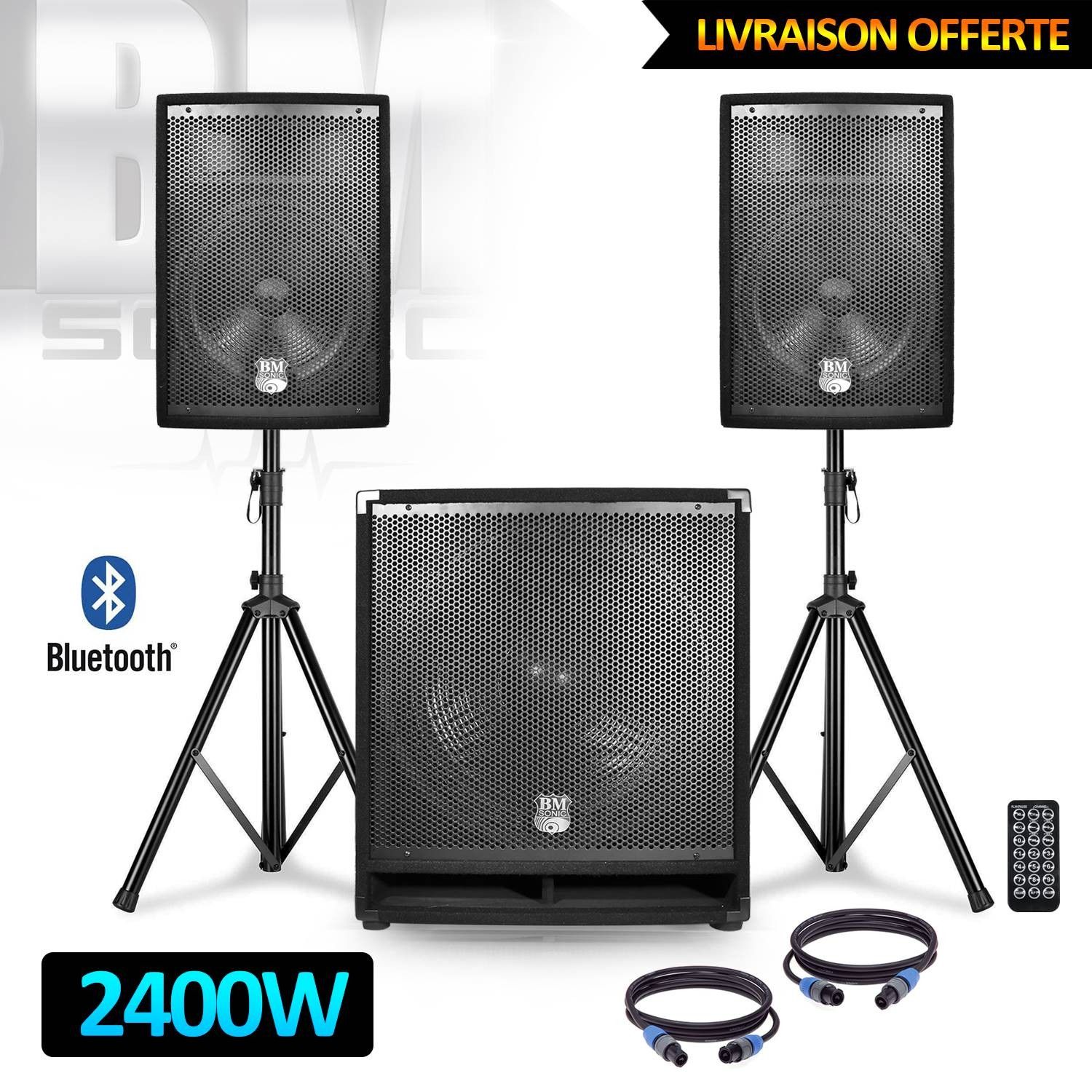 Pack de sonorisation - Bm Sonic BMS1812-USB-BT - 2400W - Sub 18'' + 2 Enceintes 12'' + Pieds + Câbles + Télécommande