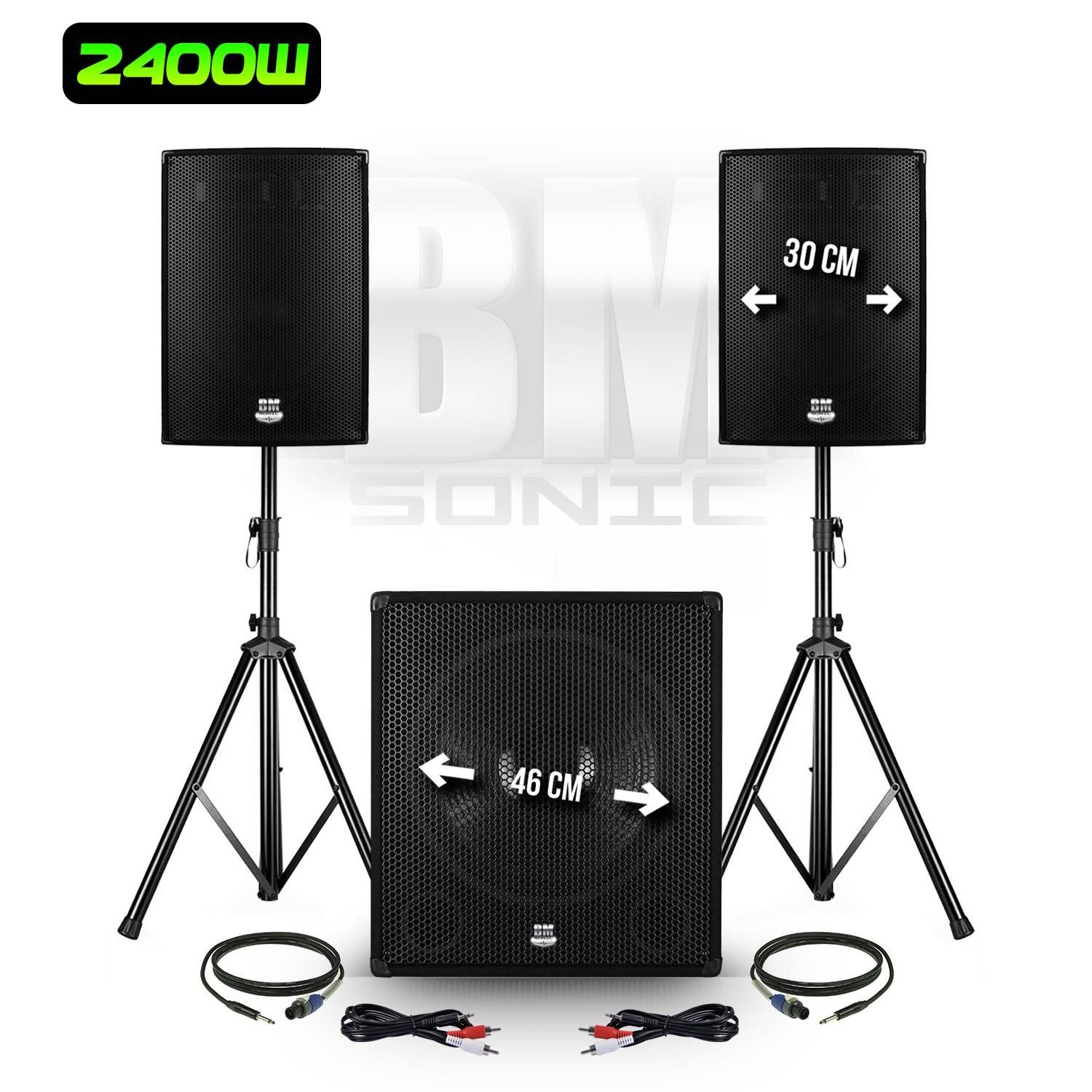 Pack de sonorisation Bm Sonic DJ 2400W - Subwoofer actif 46cm + 2 enceintes 30cm + Pieds - BMS1812