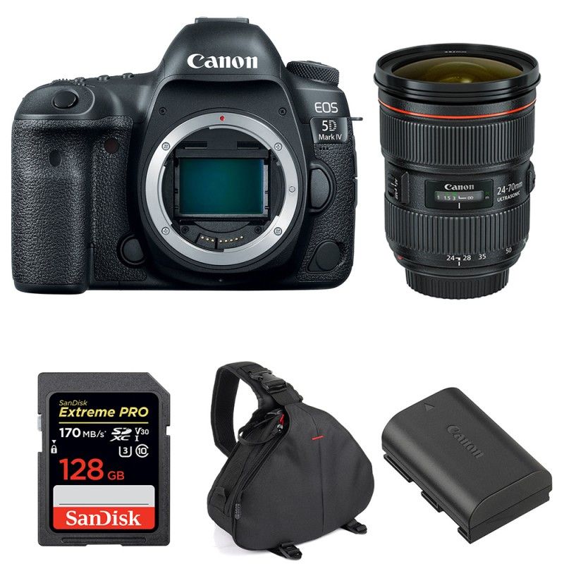 Cámara réflex Canon EOS 5D Mark IV + Objetivo EF 24-70mm f/2.8L II USM + Tarjeta SD SanDisk 128 GB UHS-I + Batería LP-E6N + Maleta de garantía de 2 años