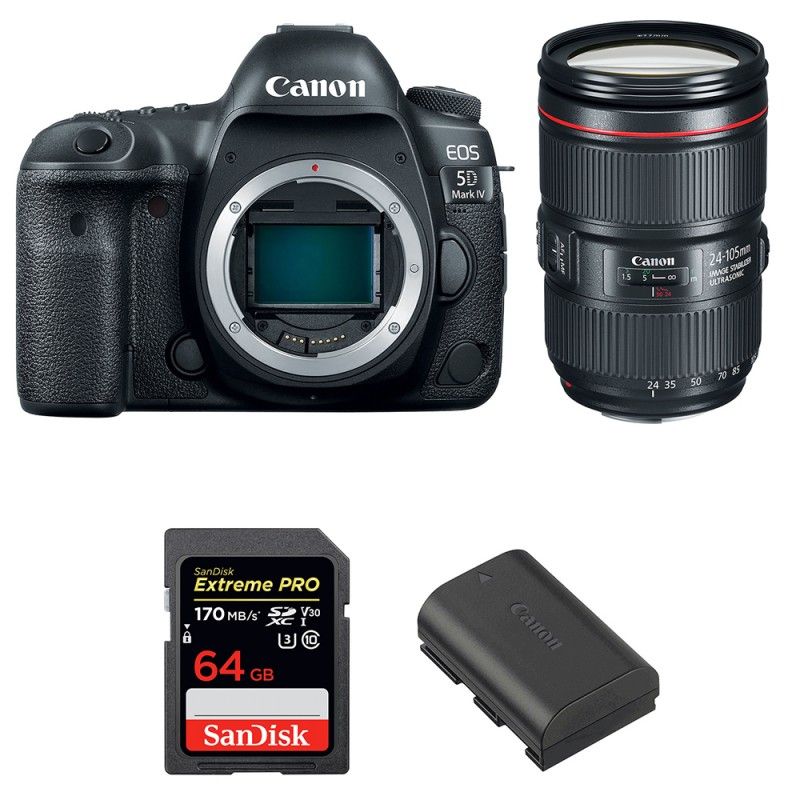 Canon EOS 5D Mark IV + EF 24-105mm f/4L IS II USM + SanDisk 64GB Extreme PRO UHS-I SDXC 170MB/s + LP-E6N 2-Year Warranty
