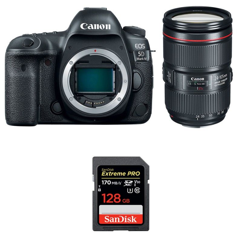Canon EOS 5D Mark IV + EF 24-105mm f/4L IS II USM + SanDisk 128GB Extreme PRO UHS-I SDXC Card, 2-Year Warranty