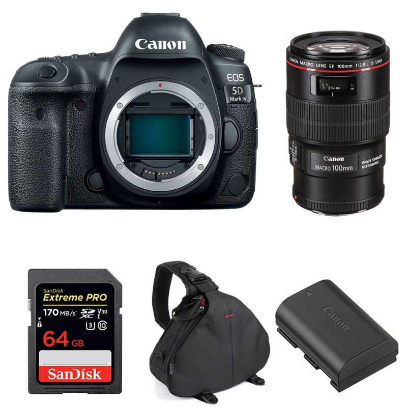 Canon EOS 5D Mark IV + EF 100mm f/2.8L Macro IS USM + SanDisk 64GB UHS-I SDXC 170MB/s + LP-E6N + 2 Year Warranty Bag