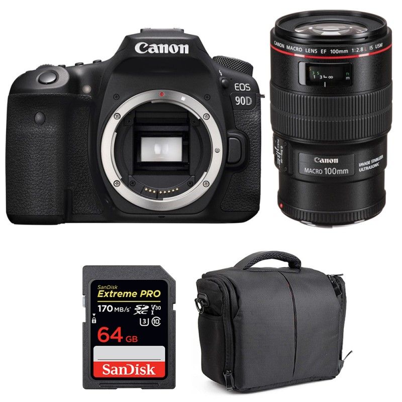 Canon EOS 90D + EF 100mm f/2.8L Macro IS USM + SanDisk 64GB Extreme PRO UHS-I SDXC 170MB/s Memory Card + 2-Year Warranty Bag