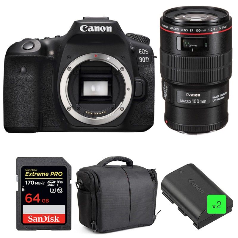 Canon EOS 90D + EF 100mm f/2.8L Macro IS USM + SanDisk 64GB UHS-I SDXC 170MB/s + 2 LP-E6N + 2-Year Warranty Bag