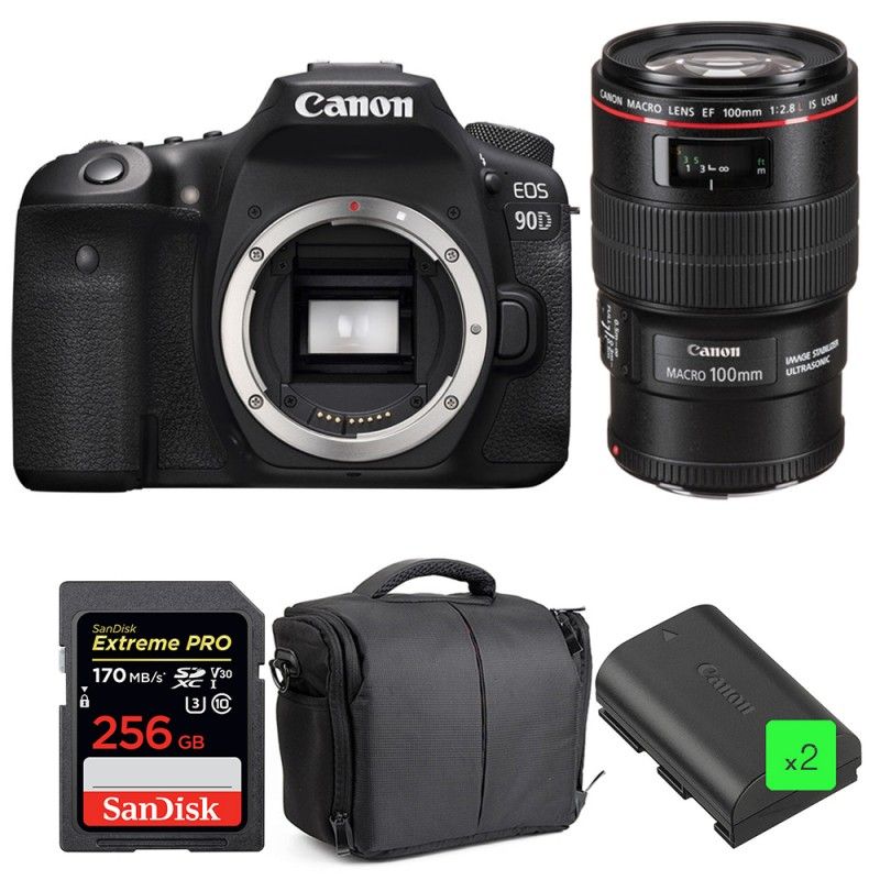 Canon EOS 90D + EF 100mm f/2.8L Macro IS USM + SanDisk 256GB UHS-I SDXC 170MB/s + 2 LP-E6N + 2-Year Warranty Bag