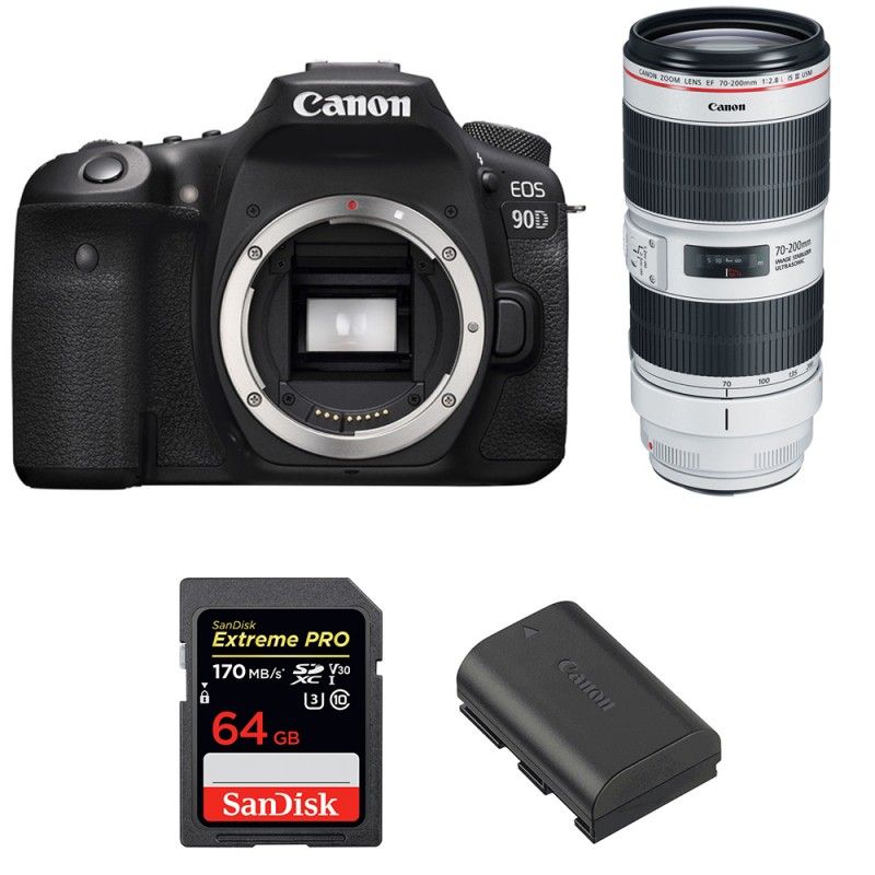 Canon EOS 90D + EF 70-200mm f/2.8L IS III USM + SanDisk 64GB Extreme PRO UHS-I SDXC 170MBs + LP-E6N 2-Year Warranty