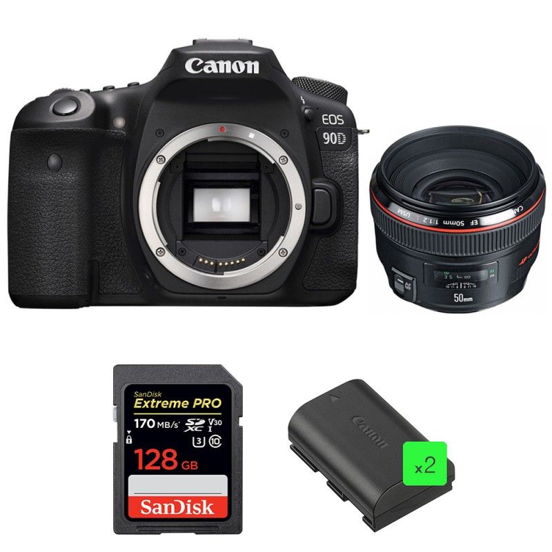 Canon EOS 90D + EF 50mm f/1.2L USM Lens + SanDisk 128GB Extreme PRO UHS-I SDXC Card + 2x LP-E6N Batteries (2-Year Warranty)