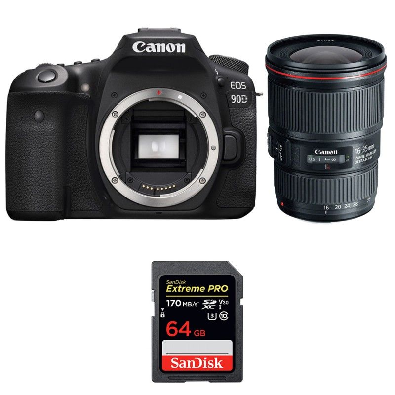 Canon EOS 90D + EF 16-35mm f/4L IS USM + SanDisk 64GB Extreme PRO UHS-I SDXC Card 2-Year Warranty