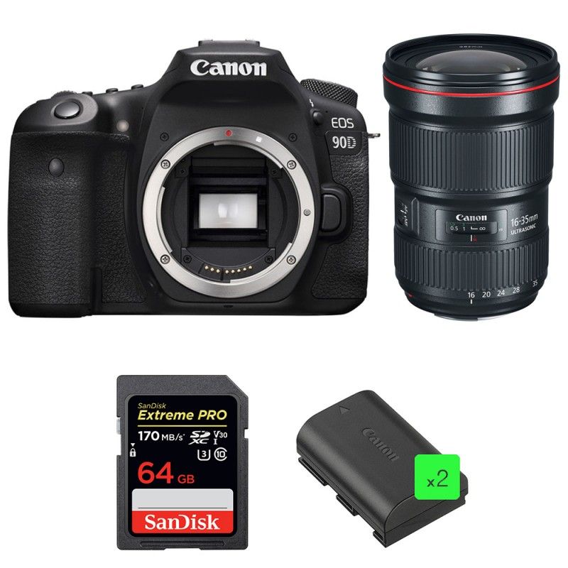 Canon EOS 90D + EF 16-35mm f/2.8L III USM + SanDisk 64GB Extreme PRO UHS-I SDXC 170MBs + 2x LP-E6N, 2-year Warranty