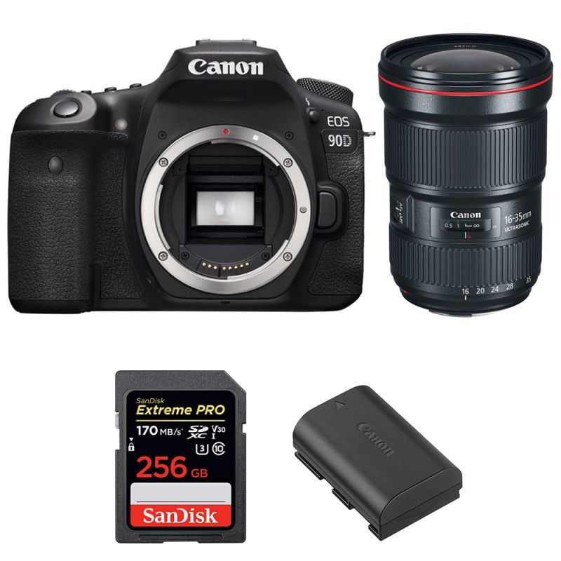 Canon EOS 90D + EF 16-35mm f/2.8L III USM + SanDisk 256GB Extreme PRO UHS-I SDXC 170MBs + LP-E6N 2-Year Warranty