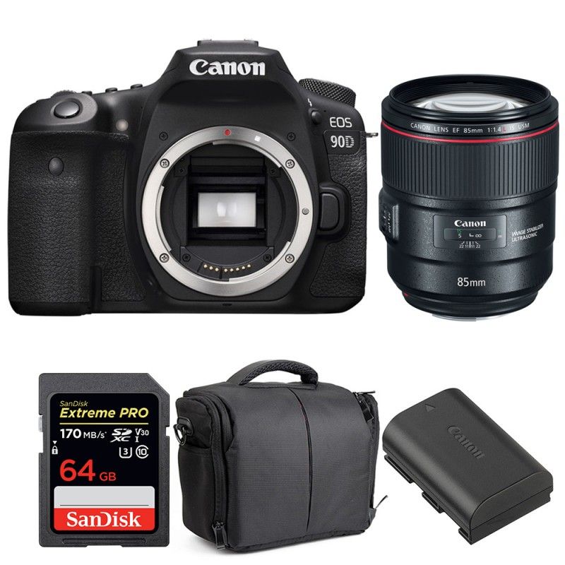 Cámaras réflex digital Canon EOS 90D + Lente EF 85 mm f/1.4L IS USM + Tarjeta SDXC SanDisk de 64 GB UHS-I + Batería LP-E6N + Bolso de garantía de 2 años