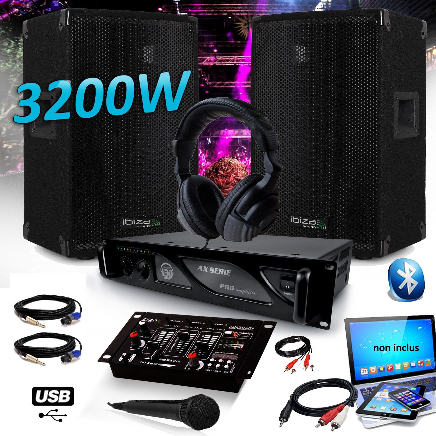 Kit Sono Ibiza DJ : 3200W Enceintes, Amplificateur, Table de Mixage DJ et Casque