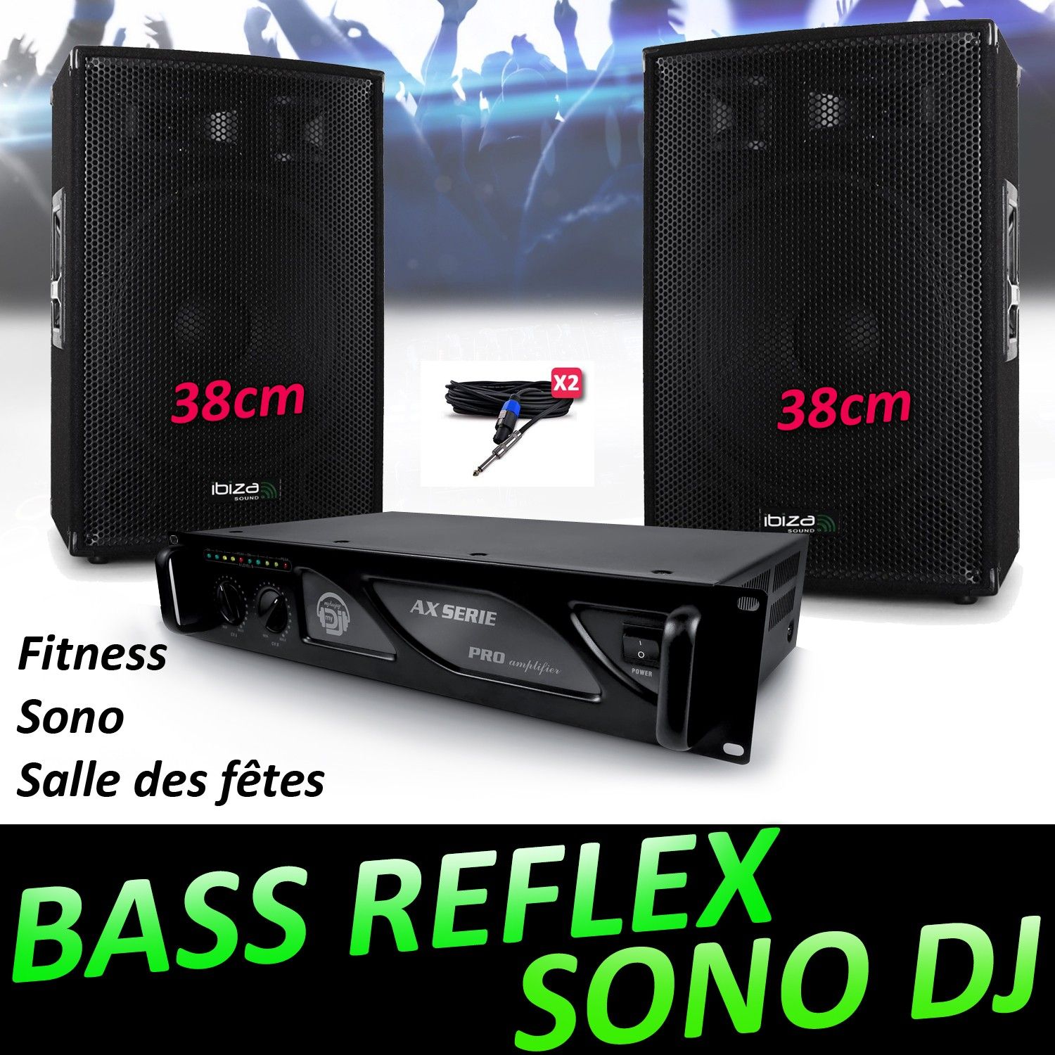 Altavoces DJ Ibiza DISCO15B 2x700W de reflexión de graves 'Cluster' + Amplificador PRO MyDj AX 2000W