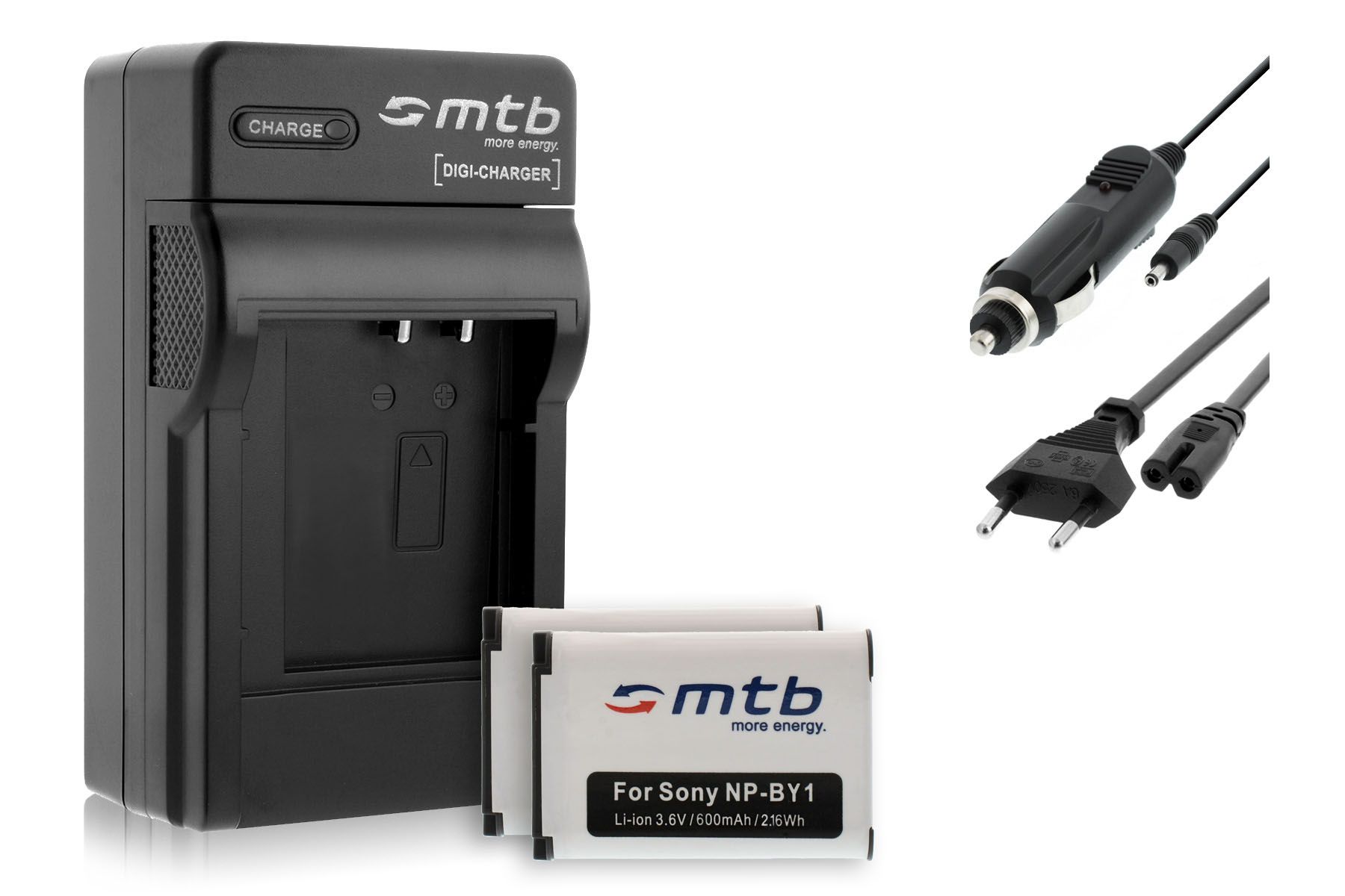 Mtb Action Cam Battery and Charger Kit (2x NP-BY1, Car/Wall Adapter) for Sony HDR-AZ1/HDR-AZ1VR