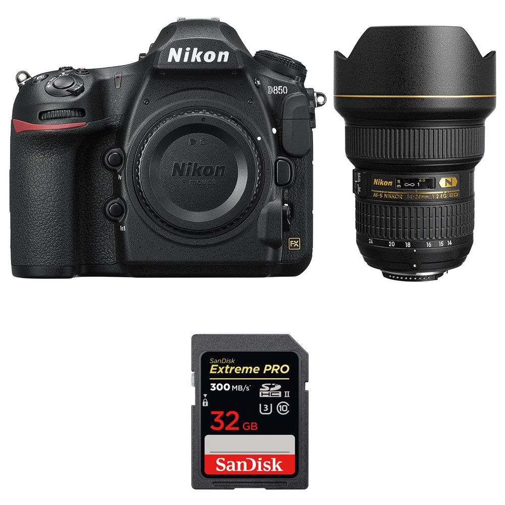 Nikon D850 + 14-24mm f/2.8G ED Lens + SanDisk 32GB Extreme PRO UHS-II SDXC Card 2-Year Warranty