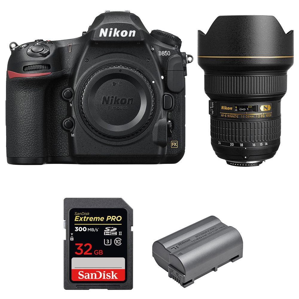 Nikon D850 + 14-24mm f/2.8G ED Lens + SanDisk 32GB Extreme PRO UHS-II SDXC Card + EN-EL15b Battery (2-Year Warranty)