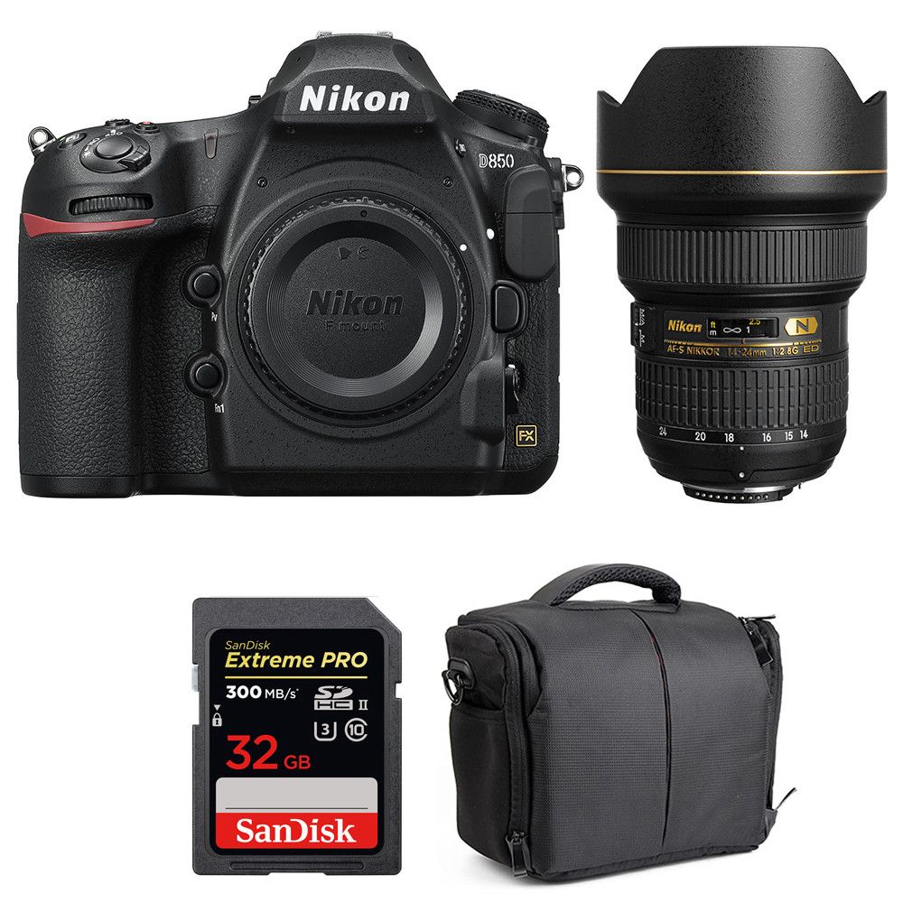 Nikon D850 + 14-24mm f/2.8G ED Lens + SanDisk 32GB Extreme PRO UHS-II SDXC Card + 2-Year Warranty Bag