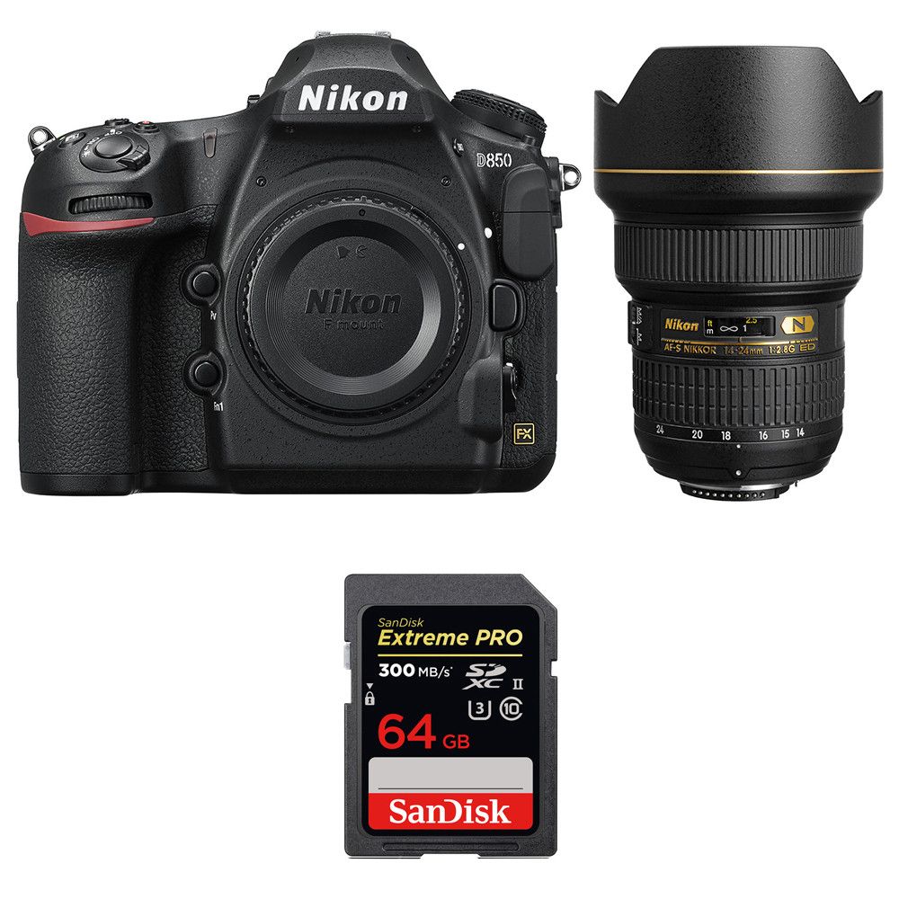 Nikon D850 + 14-24mm f/2.8G ED Lens + SanDisk 64GB Extreme PRO UHS-II SDXC Card 2-Year Warranty