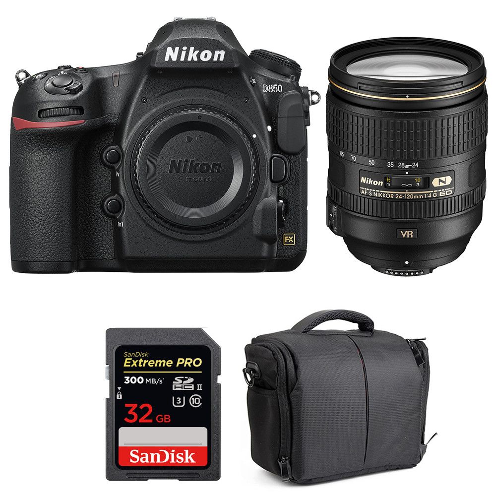 Nikon D850 Camera + 24-120mm F4 G ED VR Lens + SanDisk 32GB Extreme PRO UHS-II SDXC Card + 2-Year Warranty Bag