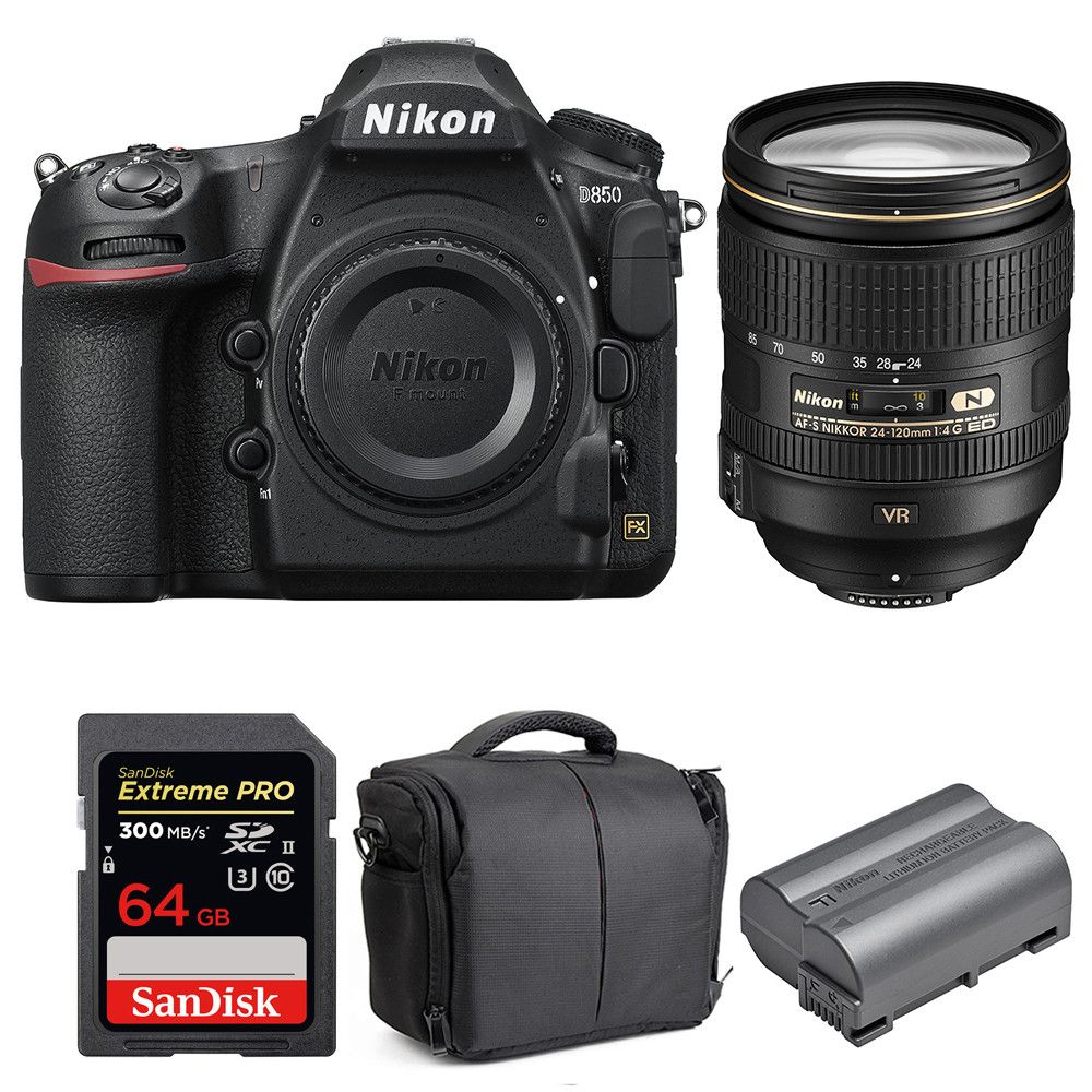 Nikon D850 + 24-120mm F4 G ED VR Lens + SanDisk 64GB Extreme PRO UHS-II SDXC Card + EN-EL15b Battery + 2-Year Warranty Bag