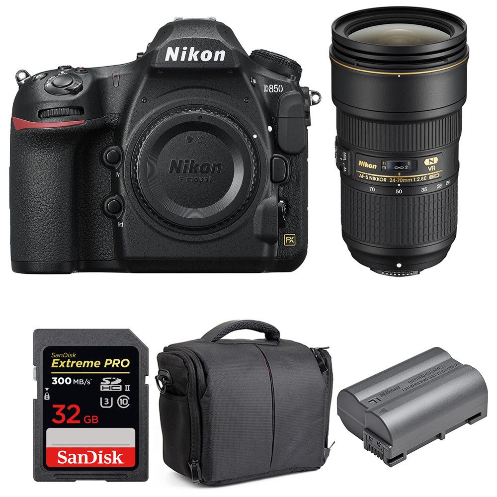 Nikon D850 + 24-70mm f/2.8E ED VR + SanDisk 32GB Extreme PRO UHS-II SDXC + EN-EL15b + 2-Year Warranty Bag