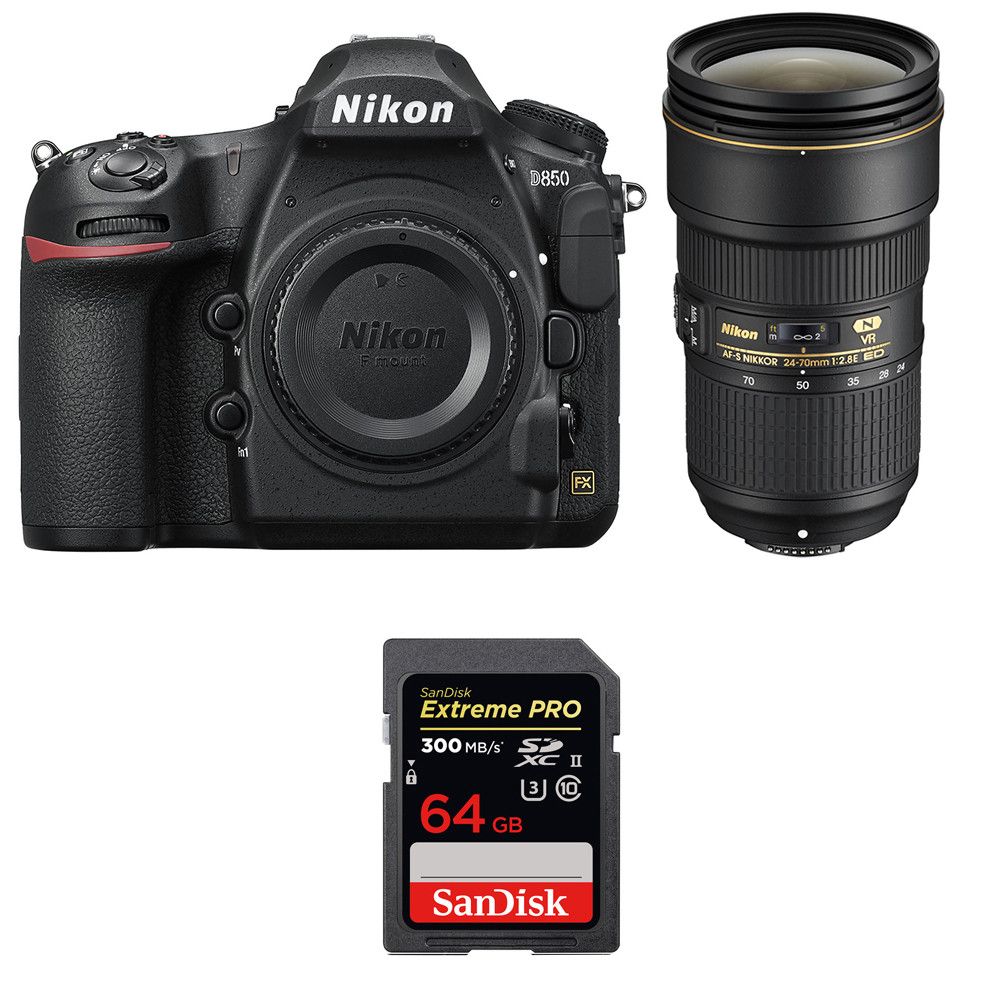 Nikon D850 + 24-70mm f/2.8E ED VR Lens + SanDisk 64GB Extreme PRO SDXC Card (2-Year Warranty)