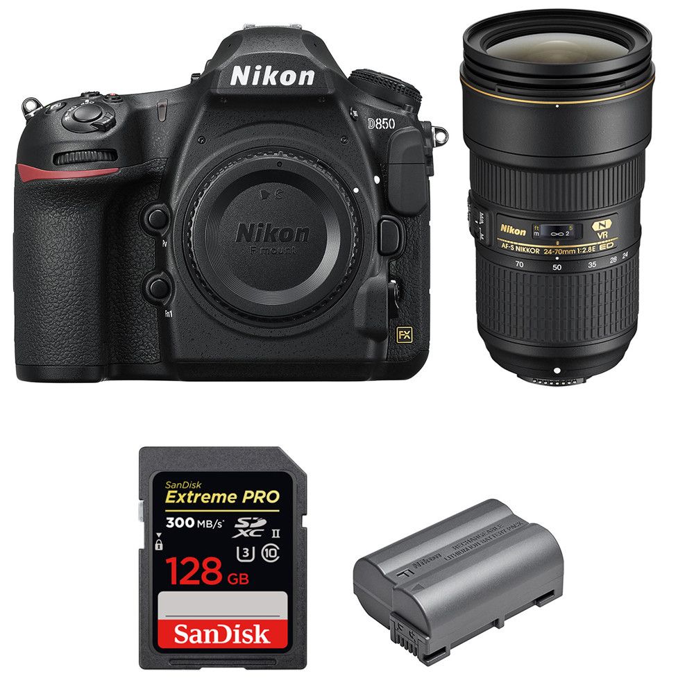 Nikon D850 45.7M Pixel FX Camera + 24-70mm f/2.8E ED VR + SanDisk 128GB Extreme PRO UHS-II SDXC + EN-EL15b Battery (2-Year Warranty)