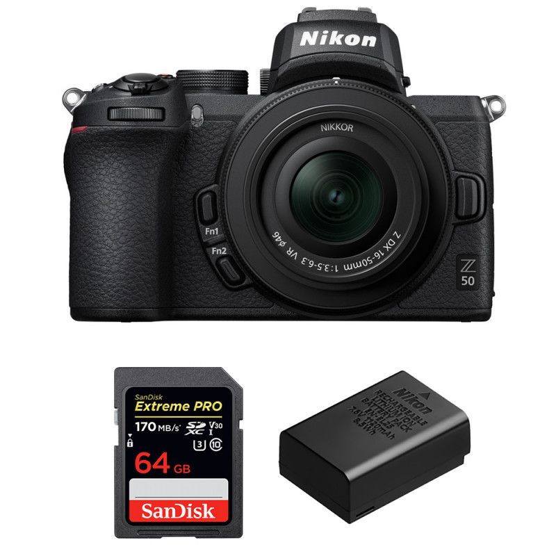 Cámara sin espejo Nikon Z50 con lente de 16-50 mm, tarjeta SanDisk de 64 GB y batería - Garantía de 2 años