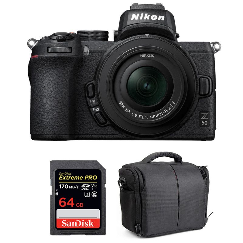 Nikon Z50 Mirrorless Camera Kit with 16-50mm Lens and SanDisk 64GB Card + 2-Year Warranty Bag