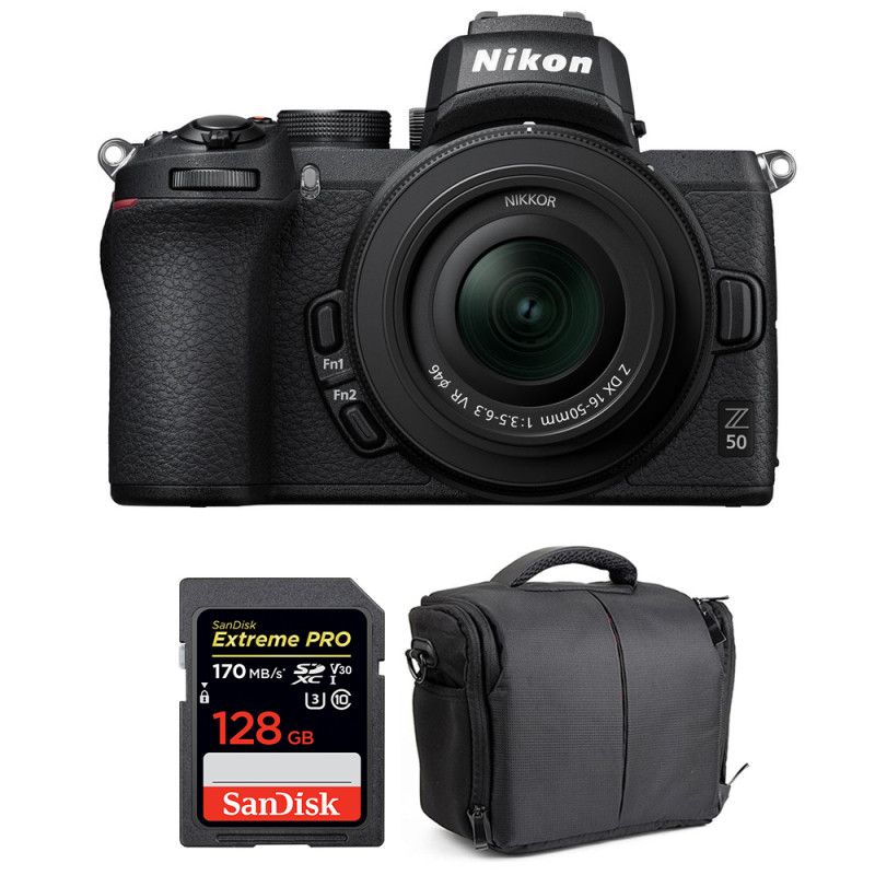 Nikon Z50 Mirrorless Camera with 16-50mm Lens and SanDisk 128GB Card + 2-Year Warranty Bag