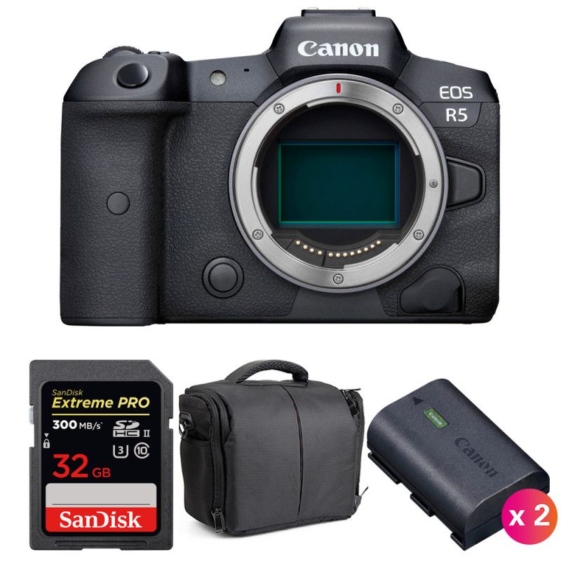 Canon EOS R5 Nu + SanDisk 32GB Extreme PRO UHS-II SDXC Card + 2 Canon LP-E6NH Batteries + Bag