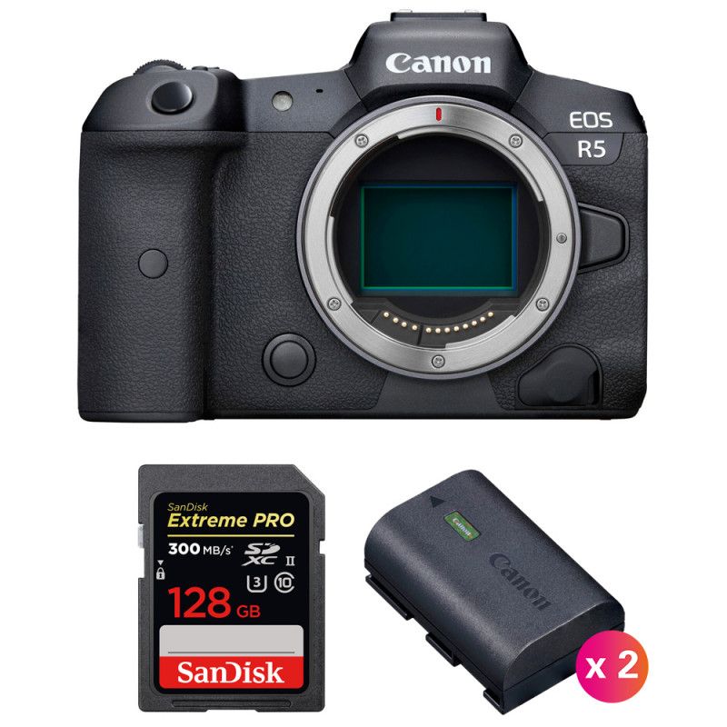 Canon EOS R5 Body + SanDisk 128GB Extreme PRO UHS-II SDXC Card + 2 Canon LP-E6NH Batteries