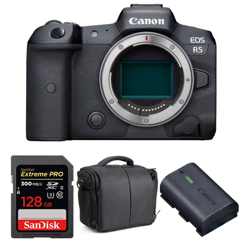 Canon EOS R5 Body + SanDisk 128GB Extreme PRO UHS-II SDXC Card + Canon LP-E6NH Battery + Case