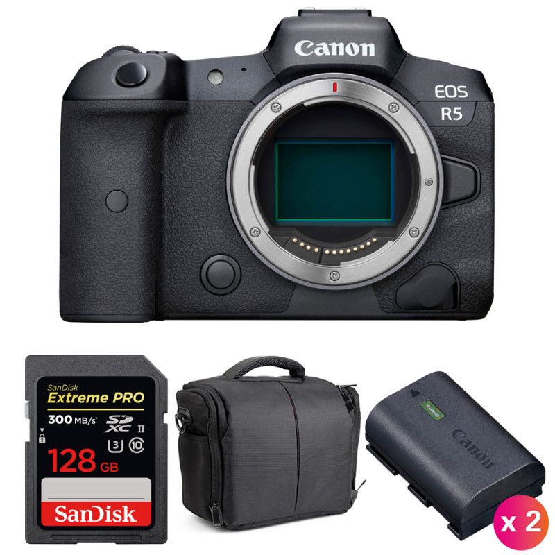 Canon EOS R5 Nu + SanDisk 128GB Extreme PRO UHS-II SDXC Card + 2 Canon LP-E6NH Batteries + Bag