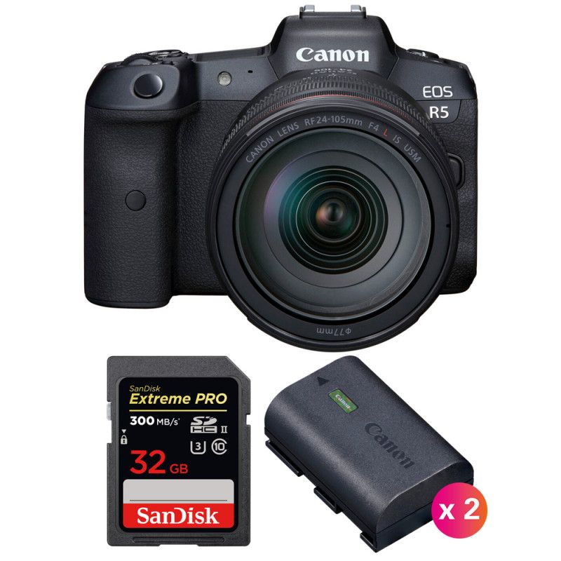 Canon EOS R5 + RF 24-105mm f/4L IS USM + SanDisk 32GB Extreme PRO UHS-II SDXC 300MB/s + 2 Canon LP-E6NH