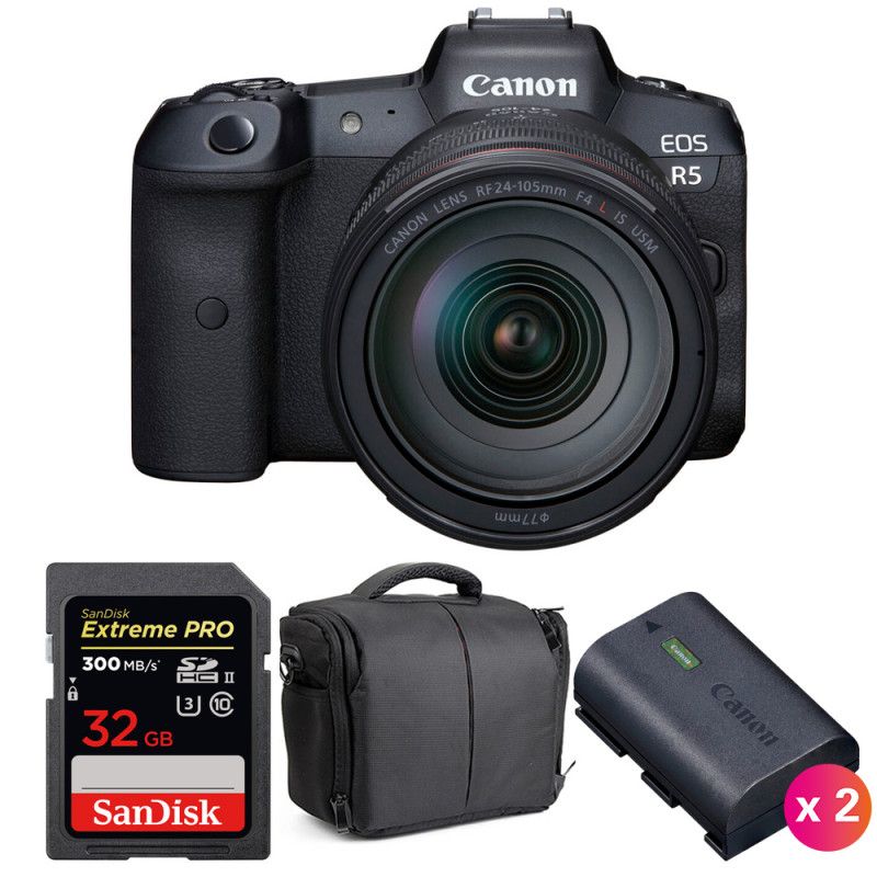 Canon EOS R5 + RF 24-105mm f/4L IS USM + SanDisk 32GB UHS-II SDXC Card + 2 Canon LP-E6NH Batteries + Case