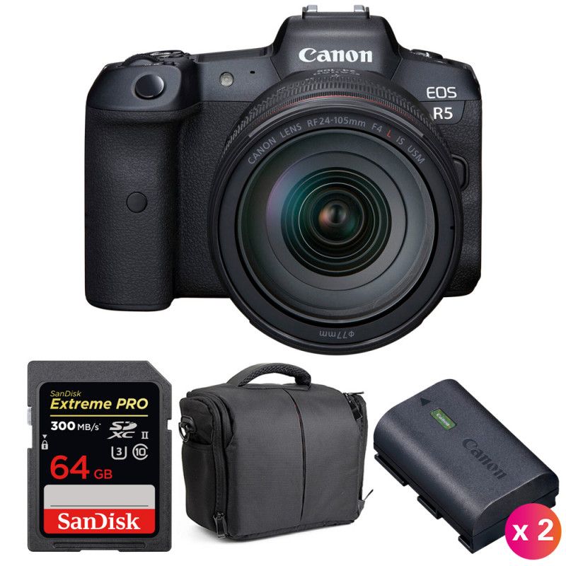 Canon EOS R5 + RF 24-105mm f/4L IS USM + SanDisk 64GB UHS-II SDXC 300MB/s + 2 Canon LP-E6NH + Bag