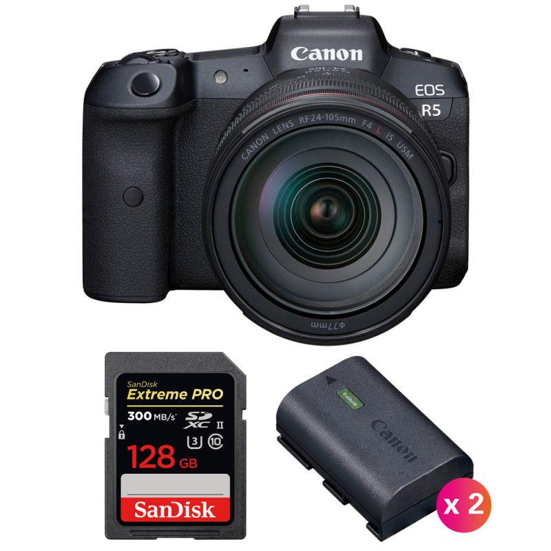 Canon EOS R5 + RF 24-105mm f/4L IS USM + SanDisk 128GB Extreme PRO UHS-II SDXC 300MB/s + 2 Canon LP-E6NH