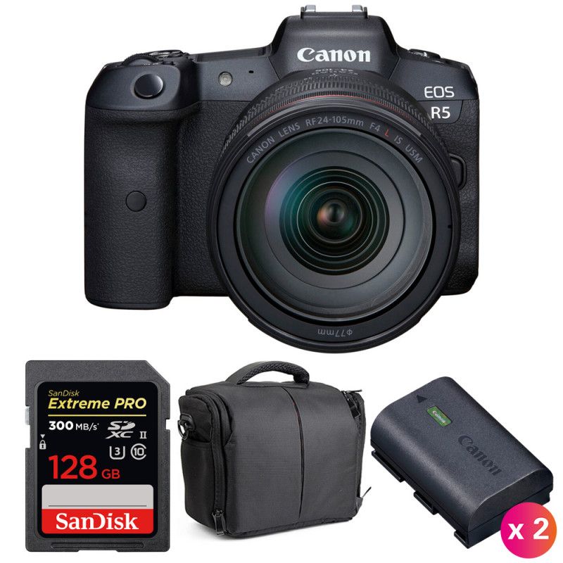 Canon EOS R5 + RF 24-105mm f/4L IS USM Lens + SanDisk 128GB UHS-II SDXC Card + 2 Canon LP-E6NH Batteries + Case