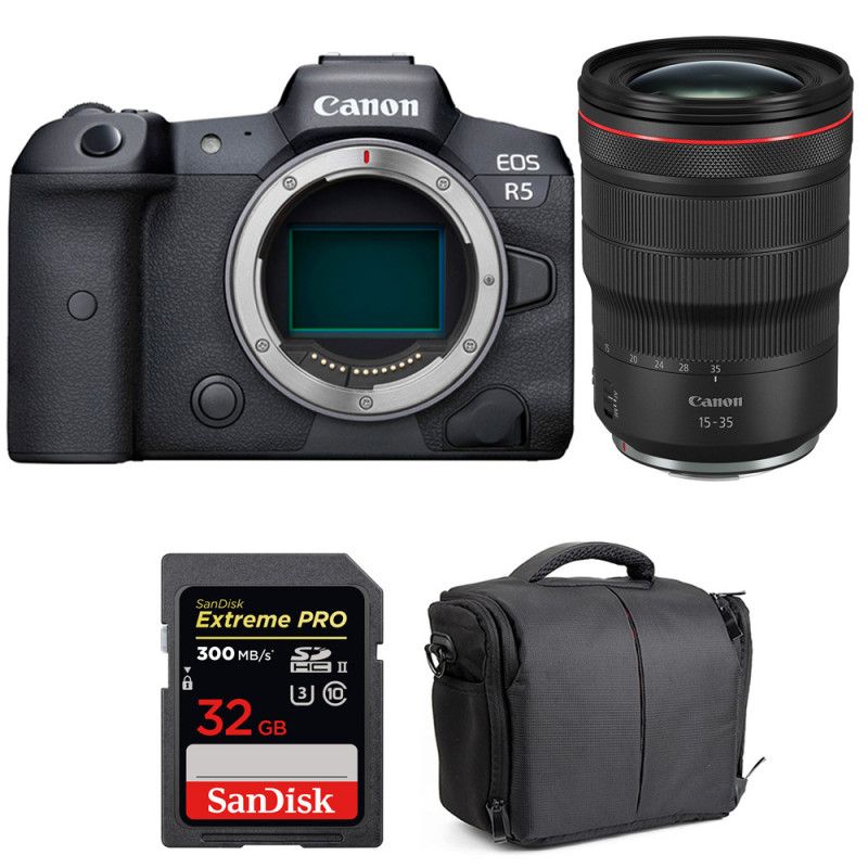 Canon EOS R5 + RF 15-35mm f/2.8L IS USM + SanDisk 32GB Extreme PRO UHS-II SDXC Card + Bag