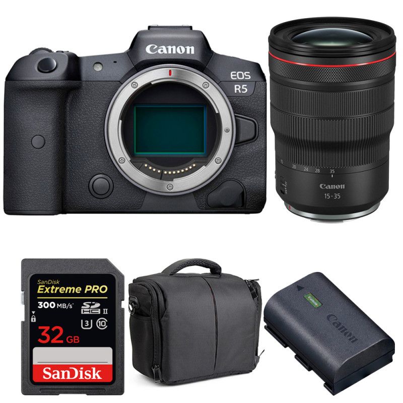 Canon EOS R5 + RF 15-35mm f/2.8L IS USM + SanDisk 32GB UHS-II SDXC 300MB/s + Canon LP-E6NH + Bag