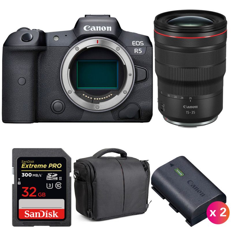 Canon EOS R5 + RF 15-35mm f/2.8L IS USM + SanDisk 32GB UHS-II SDXC 300MB/s + 2 Canon LP-E6NH + Bag