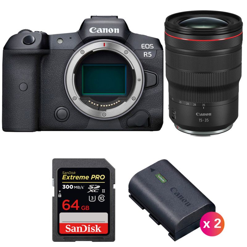 Canon EOS R5 Body + RF 15-35mm f/2.8L IS USM Lens + SanDisk 64GB Extreme PRO UHS-II SDXC Card (300MB/s) + 2 Canon LP-E6NH Batteries