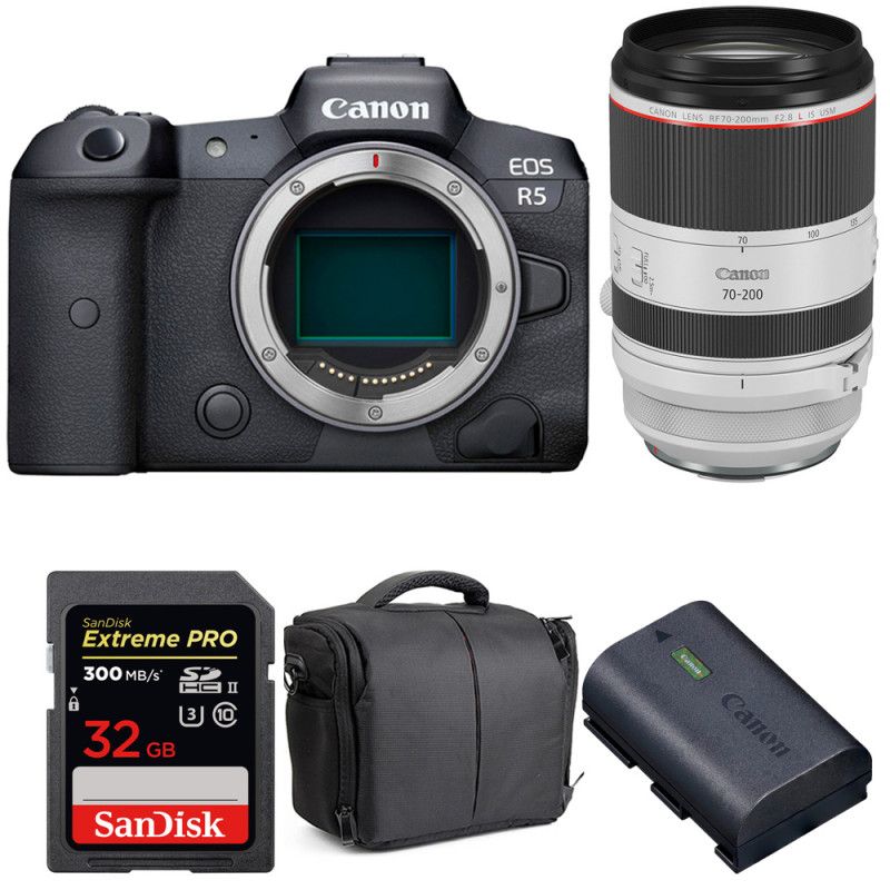 Canon EOS R5 + RF 70-200mm f/2.8L IS USM + SanDisk 32GB UHS-II SDXC Card + Canon LP-E6NH Battery + Bag