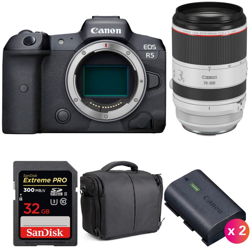 Canon EOS R5 + RF 70-200mm f/2.8L IS USM + SanDisk 32GB UHS-II SDXC 300MB/s + 2 Canon LP-E6NH + Bag