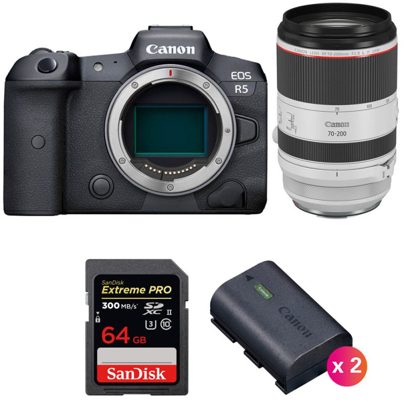 Canon EOS R5 Body + RF 70-200mm f/2.8L IS USM Lens + SanDisk 64GB Extreme PRO UHS-II SDXC Card (300MB/s) + 2 Canon LP-E6NH Batteries