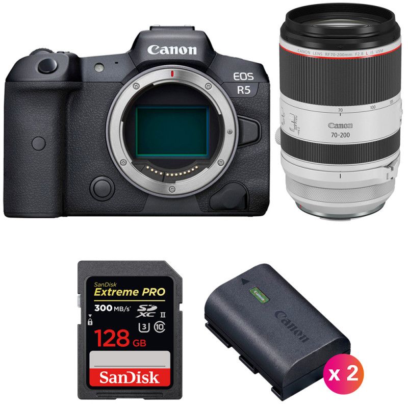 Canon EOS R5 + RF 70-200mm f/2.8L IS USM + SanDisk 128GB Extreme PRO UHS-II SDXC 300MB/s + 2 Canon LP-E6NH