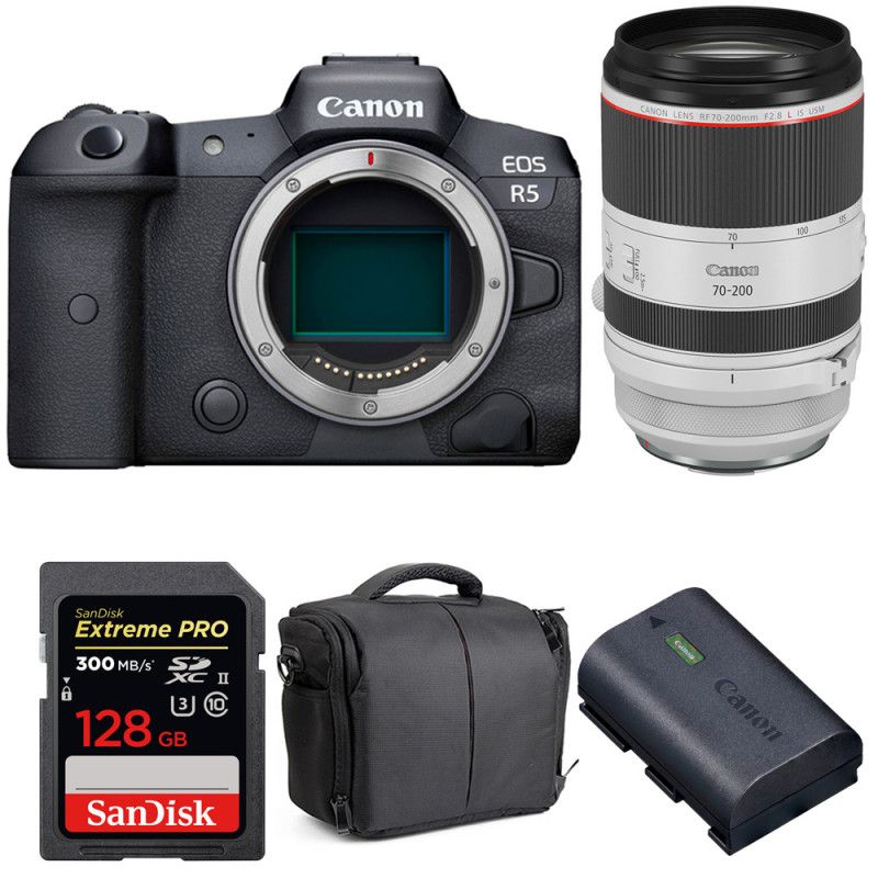 Canon EOS R5 + RF 70-200mm f/2.8L IS USM + SanDisk 128GB UHS-II SDXC 300MB/s + Canon LP-E6NH + Bag