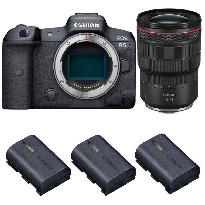 Canon EOS R5 Body + RF 15-35mm f/2.8L IS USM Lens + 3 Canon LP-E6NH Batteries